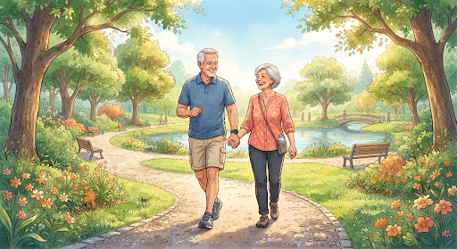 Casal de idosos caminhando em um parque em um dia ensolarado