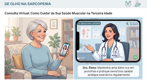 Médica conversando por videochamada com um paciente idoso