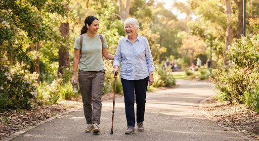 Idoso caminhando em um parque com apoio de um cuidador