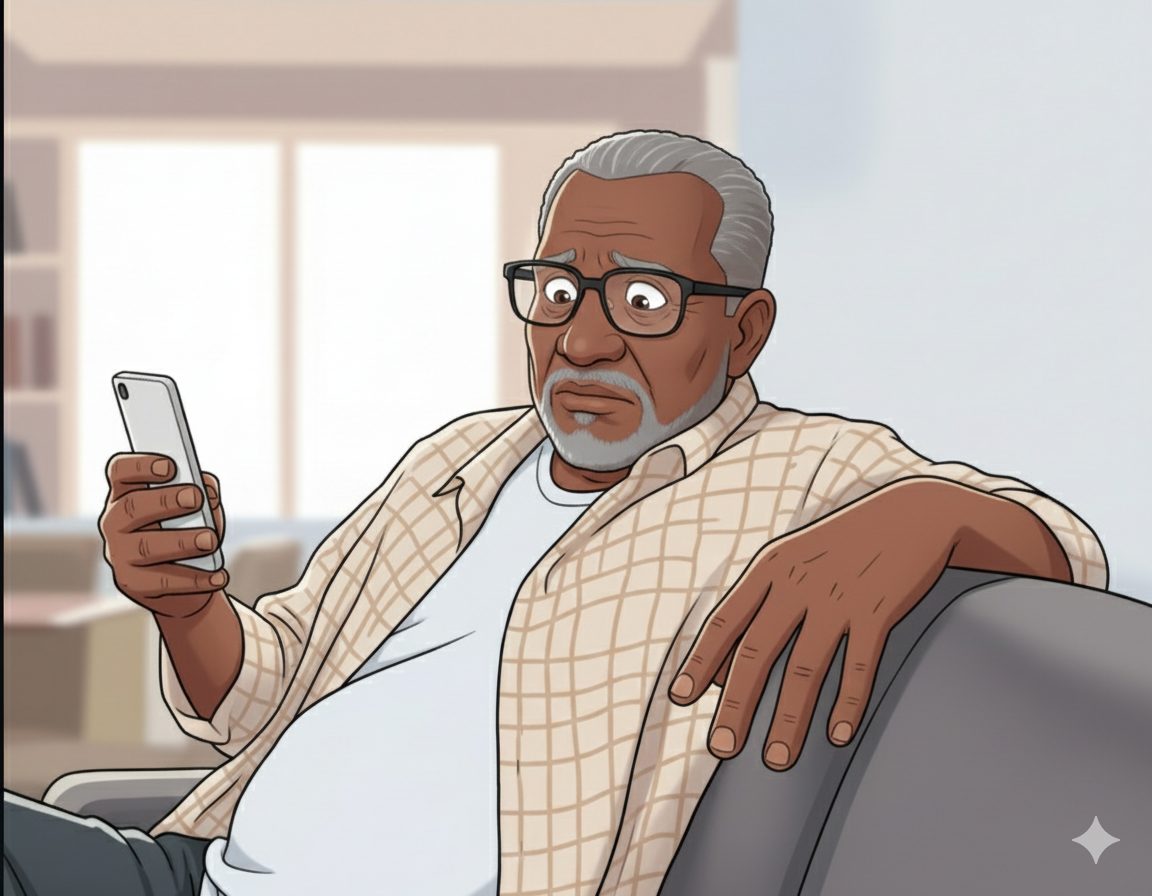 Ilustração de um homem idoso usando um smartphone, com feição de dúvida, confuso